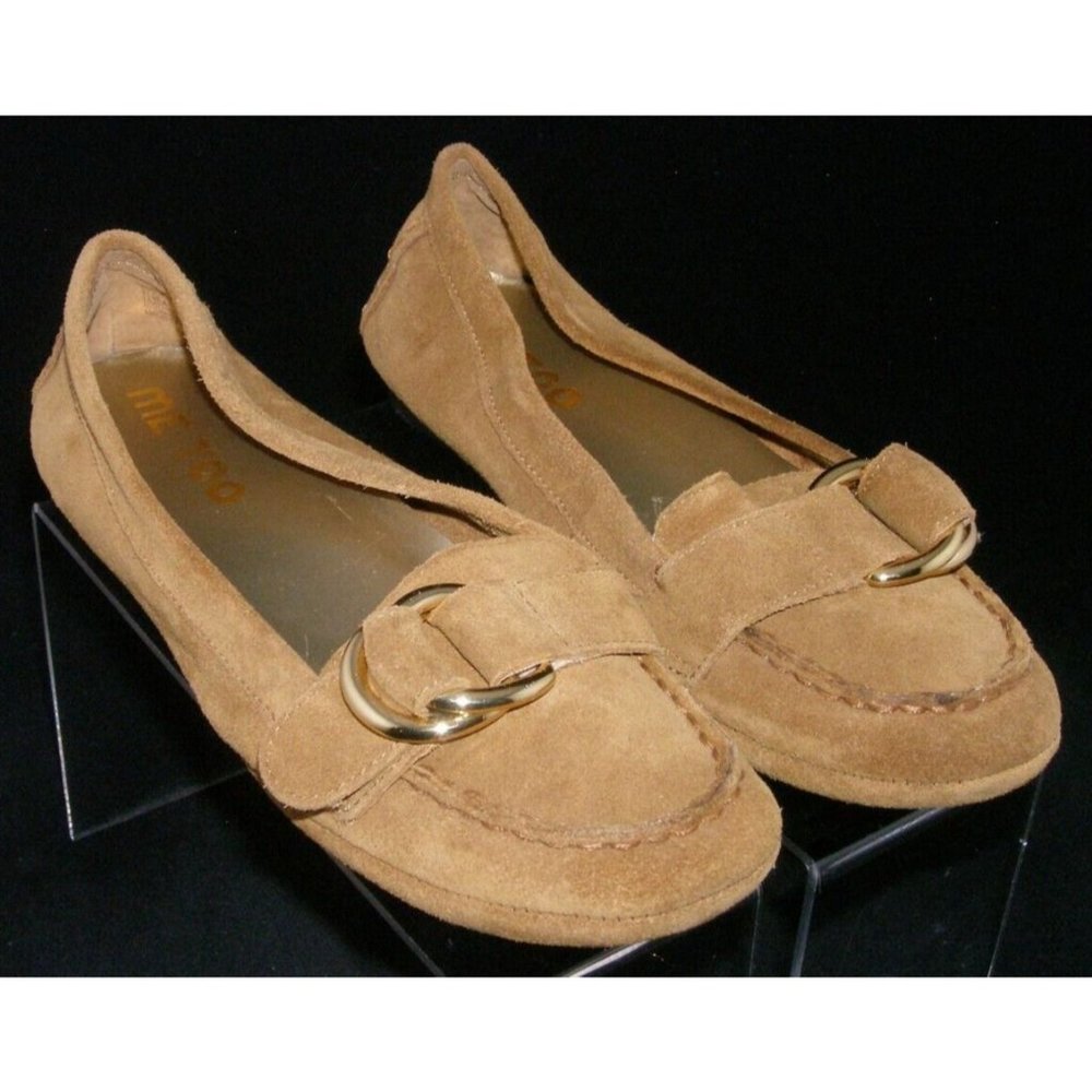 Me Too Media brown leather round cap toe bow slip on wedge heels 9.5M
